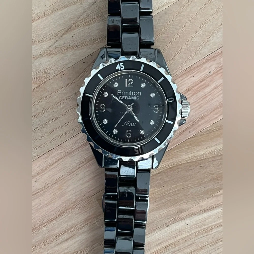 Armitron Ceramic Ladies Watch Now Model Black Ceramic Black Dial Stainless Hands